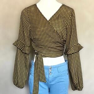 Gingham Ruffle Sleeve Wrap Crop Top Blouse Black Yellow Gold Tie Waist Large